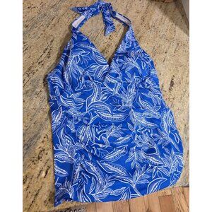 LL Bean Women's Size 10 Swimwear Halter Tankini Top Blue Print 501701 Upf 50+
